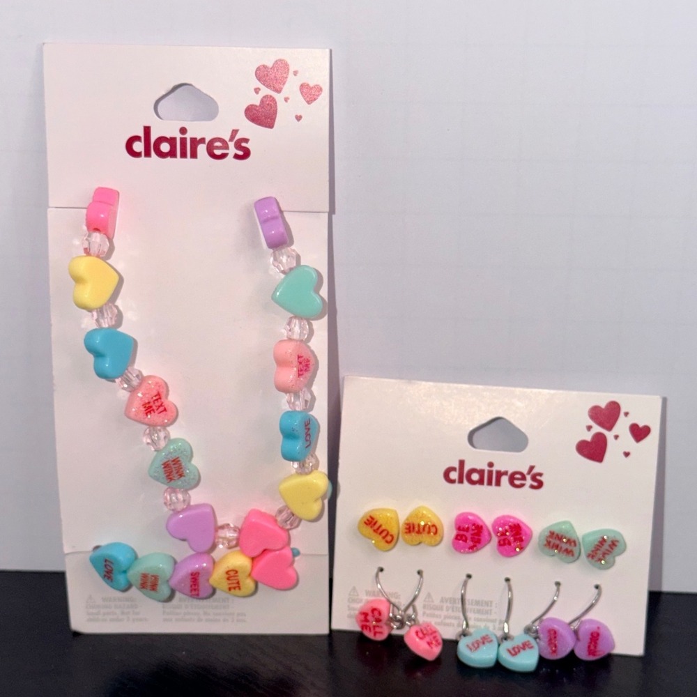 Claires Kids Conversation Heart Jewelry Set Necklace and 6 Pair Earrings NWT